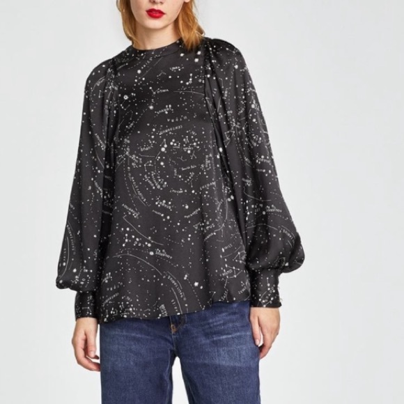 ZARA Black White Silky Star Constellation Astrology Print Long Sleeve Blouse - Picture 2 of 11